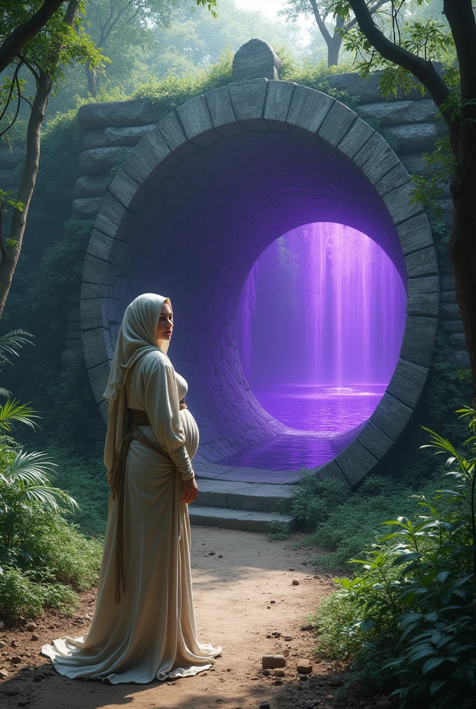((JUNGLE ENVIRONMENT)), ((Indian jungle ruins)), Circular portal with purple water as transport middle, round stone array border that surrounds purple liquid water, portal at vertical stance only, three-fourths angle view from viewer, purple liquid in vertical portal door only, no horizontal circular door, dirt path on ground leading up to the door, foliage along ground, stone circular door travels for infinity, long unending corridor, infinite unending water, purple liquid vertical pool, young big breasted prophetess, linen cloth full garb hoody adorned, rope waist tie, blonde female, white, blue eyes, beautiful, structured jaw line, massive breasted, clothed, big rounded breasted, personification of Wisdom, female character viewing viewer, humongously breasted female, wife, tall woman, large breasted, large booty, front facing pose, wide booty, wide hips, wide breasts, oversized Breasts, big titties, massive tits