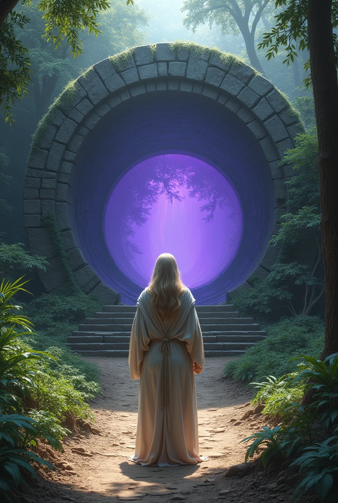 ((JUNGLE ENVIRONMENT)), ((Indian jungle ruins)), Circular portal with purple water as transport middle, round stone array border that surrounds purple liquid water, portal at vertical stance only, three-fourths angle view from viewer, purple liquid in vertical portal door only, no horizontal circular door, dirt path on ground leading up to the door, foliage along ground, stone circular door travels for infinity, long unending corridor, infinite unending water, purple liquid vertical pool, young big breasted prophetess, linen cloth full garb hoody adorned, rope waist tie, blonde female, white, blue eyes, beautiful, structured jaw line, massive breasted, clothed, big rounded breasted, personification of Wisdom, female character viewing viewer, humongously breasted female, wife, tall woman, large breasted, large booty, front facing pose, wide booty, wide hips, wide breasts, oversized Breasts, big titties, massive tits