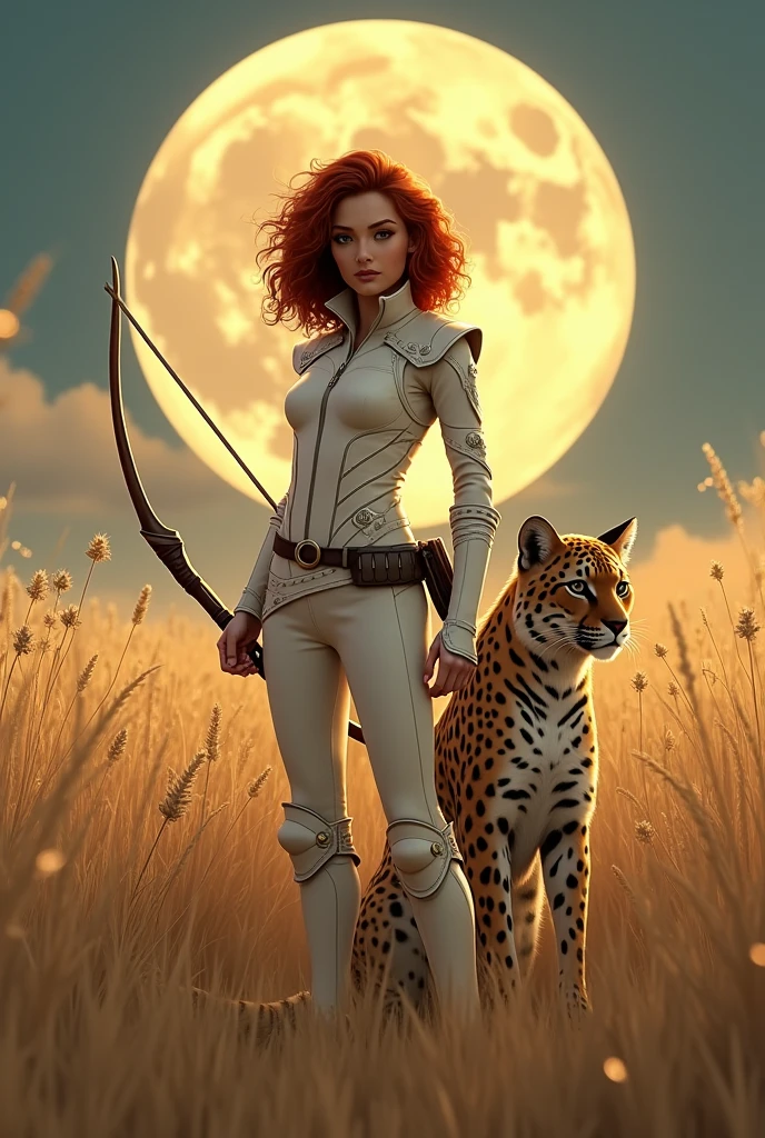 Beautiful female ranger shoulderlength unruly curly dark red hair short light white leather armour longbow lying in high grass with big jaguar cat harvest moon art deco style
