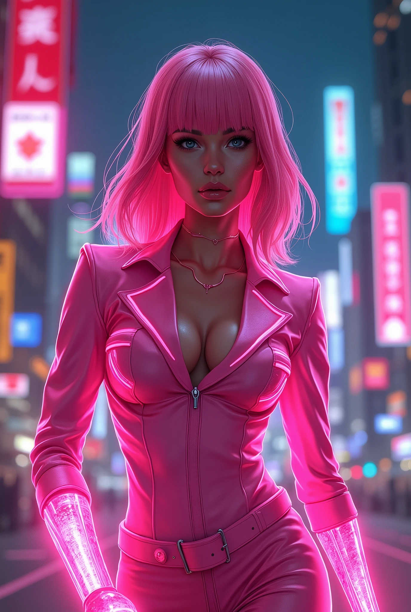 Neon Vixen
 * Appearance: All-pink attire, straight, pink, shoulder legnth hair,  sleek and sophisticated appearance.
 * Character: Confident, ambitious, and a skilled businesswoman.
 * Abilities: Enhanced strength and agility. Can emit neon energy blasts.