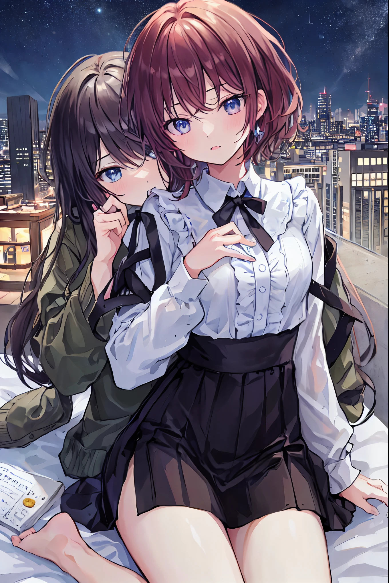 Couple in their 20s、male1名, woman1名、Unisex light clothing、French kiss,Hmmmm、Shiny atmosphere、Saliva outflow、woman(Brown Hair,Shortcuts,Messy Hair,Slender beauty,A dignified posture,Small chest,Beautiful feet,Her captivating grey-blue eyes shine like stars)、Sweet Sigh、Sigh,male(Black short hair、右手をwomanの頬に当てる)tightly close your 目、With background(room、King-size bed,The large windows offer a view of the city at night.)、Late at night、dark、Anatomically correct limbs、That person is a little thin.、Underwear is visible,Watching the audience,Image slightly subtracted