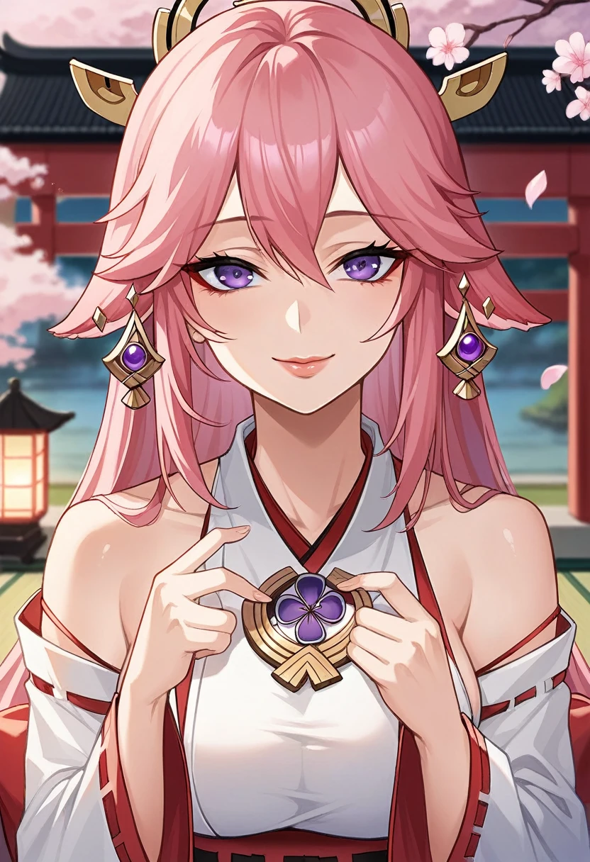 1girl, (ulzzang-6500:0.7), kpop idol, yae miko, bikini, detached sleeves, bare shoulders, pink hair, long hair, bikini, best quality, (painting:1.5), (hair ornament:1.35), jewelry, purple eyes, earrings, breasts, torii, cherry blossoms, lantern light, depth of field, detailed face, face focus, ribbon_trim, (looking at viewer:1.25), nontraditional miko, shiny skin, long sleeves, smile, thick lips, game cg, hands on lips, east asian architecture, (blurry background:1.2), sitting, upper body, bikini