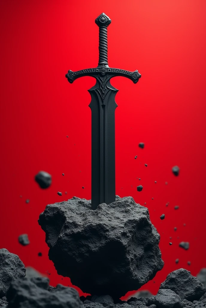 Black sword impaling an asteroid on the end. red background, on which black stars are scattered