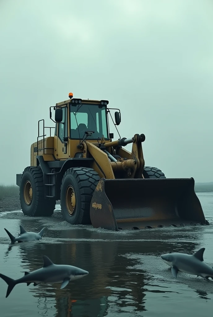 a CAT 980k wheel loader submerged in water, bleak landscape, sharks circling, intricate details, photorealistic, dramatic lighting, muted tones, gritty atmosphere, cinematic composition, masterpiece, highly detailed, ultra-realistic, 8k, HDR, physically-based rendering