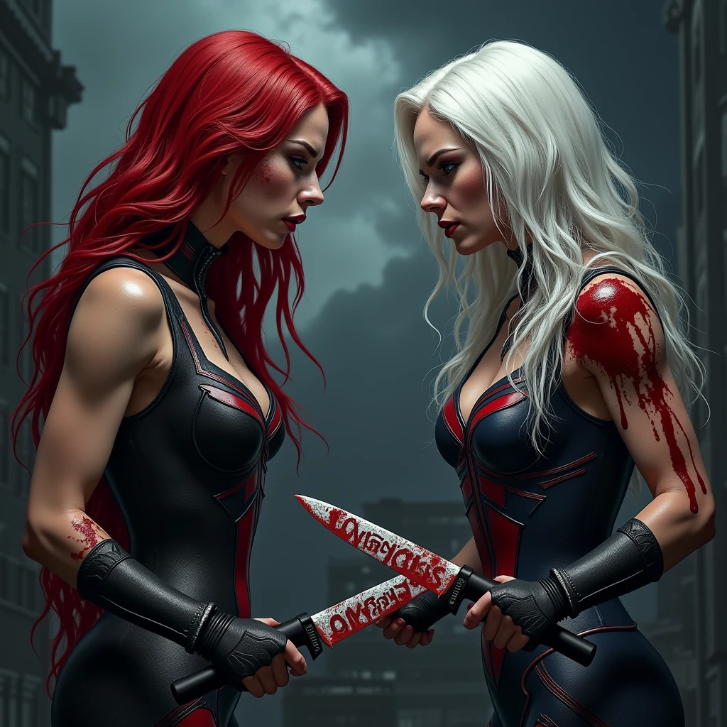 Redhead woman and white hair woman in bloodstained avengers outfits, I want one holding a knife and it says Friday's in blood and the other with a knife that says Angers in blood,I want the background to be a dark and dark night