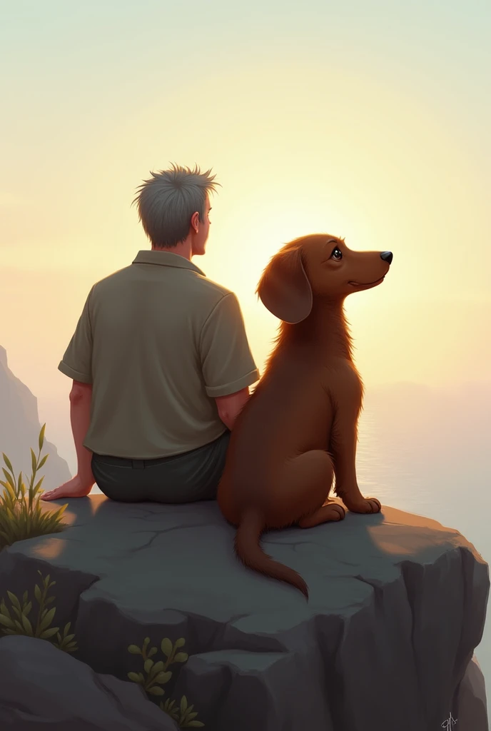 furry dachshund dog and a man sitting on a rock looking at the horizon