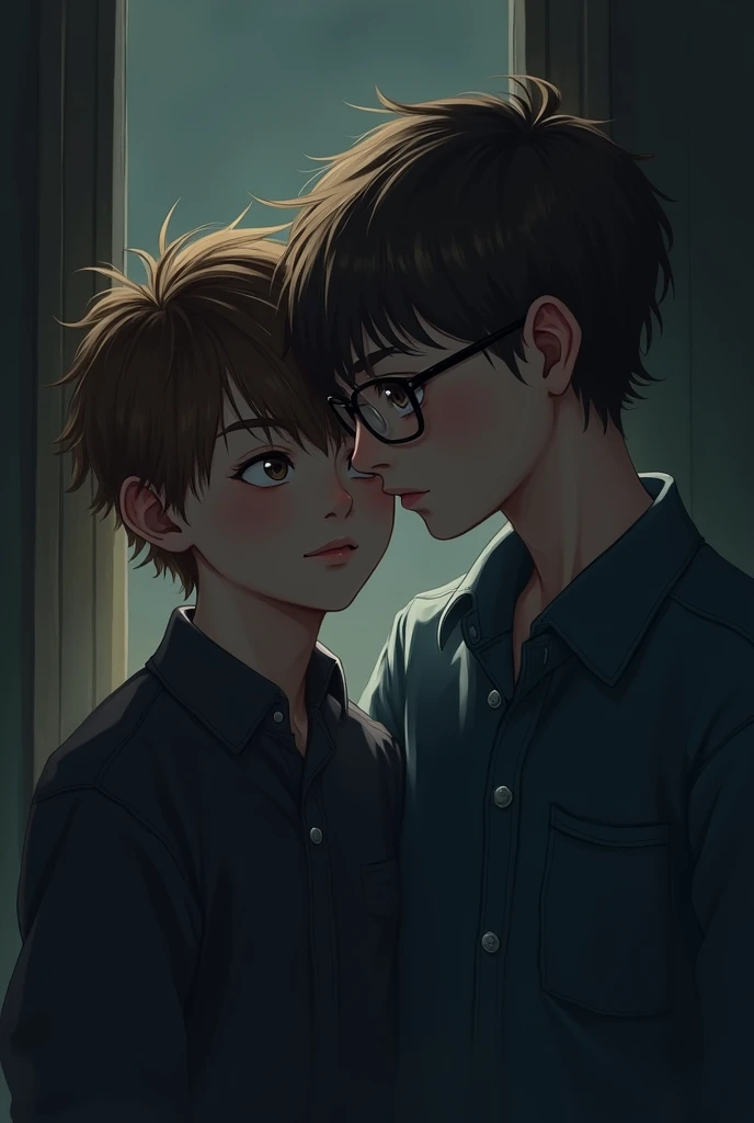 A brown-haired boy with hazel eyes and a small boy with brown hair and blonde highlights, light brown eyes and glasses in a dark possessive and jealous environment