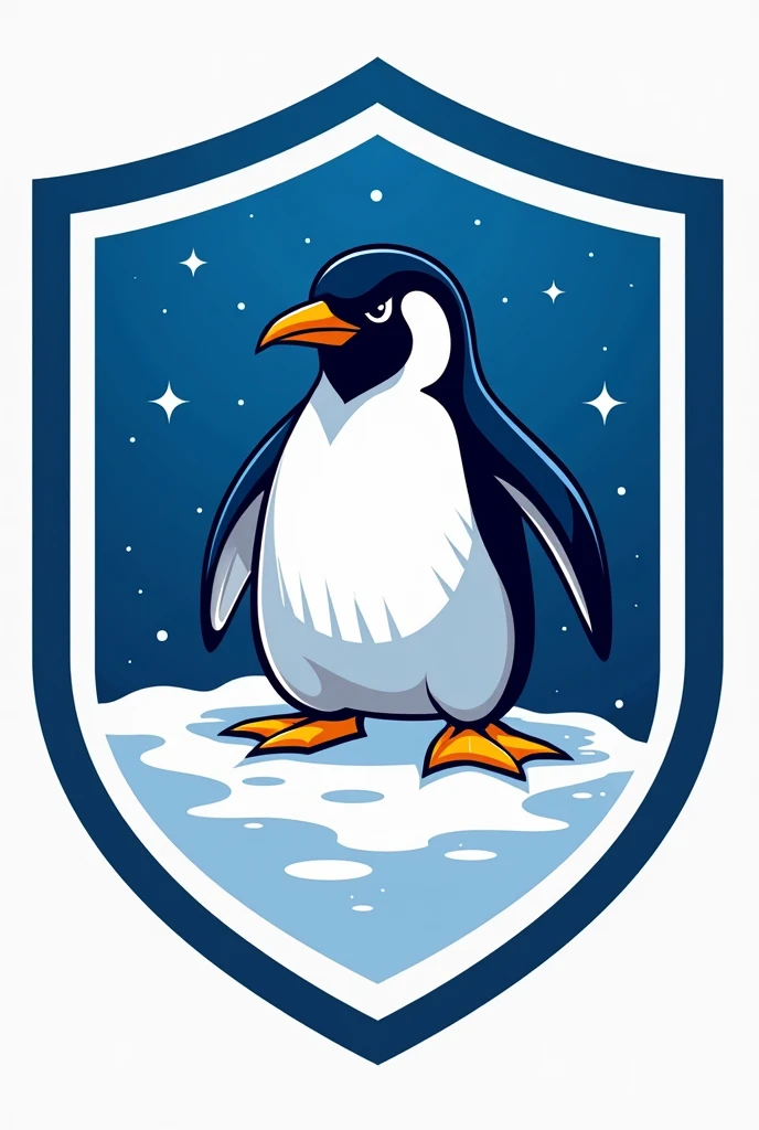 Blue and white round football team shield with a penguin lying in the snow angry