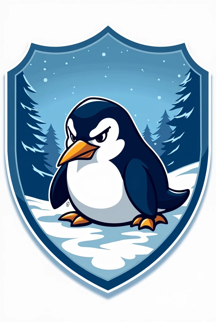 Blue and white round football team shield with a penguin lying in the snow angry