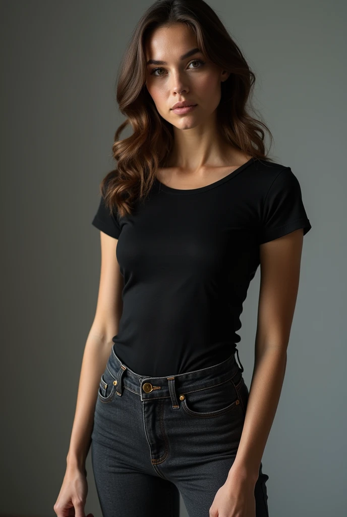 beautiful woman, standing straight facing forward,with black t-shirt, Jeans, on a greyish background, cotton t-shirt texture, fitted t-shirt, round neck, striped tights. Medium camera shot