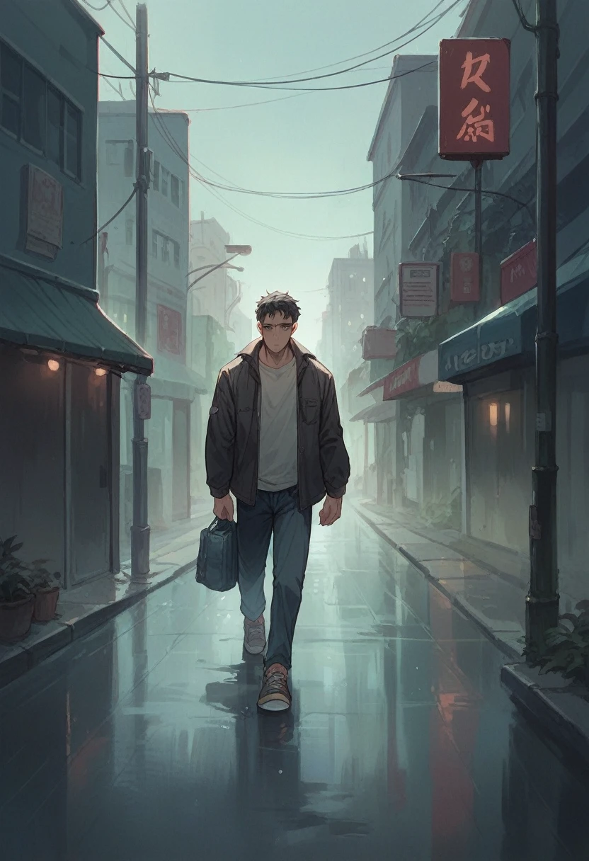Man walking at night on a damp, nocturnal street with fog on the ground