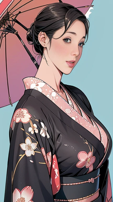 1,Japanese hairstyle,Photorealism,detailed,masterpiece,mature,((full)), (Broad shoulders), ((Huge)),(Beautiful long-sleeved kimono,Kimono,smile,masterpiece,high qualityのAn illustration,, An illustration:Zoe Mozart, pin up art byZoe Mozert, ヴィンテージpin up, ゾーイ・モザートによるAn illustration, girl pin up, pin up girl, pin upポスターガール, pin upガール, pin up, pin upガール,30 years old、high quality,Are standing,High Resolution 4K Information,Kyoto,Cherry tree,