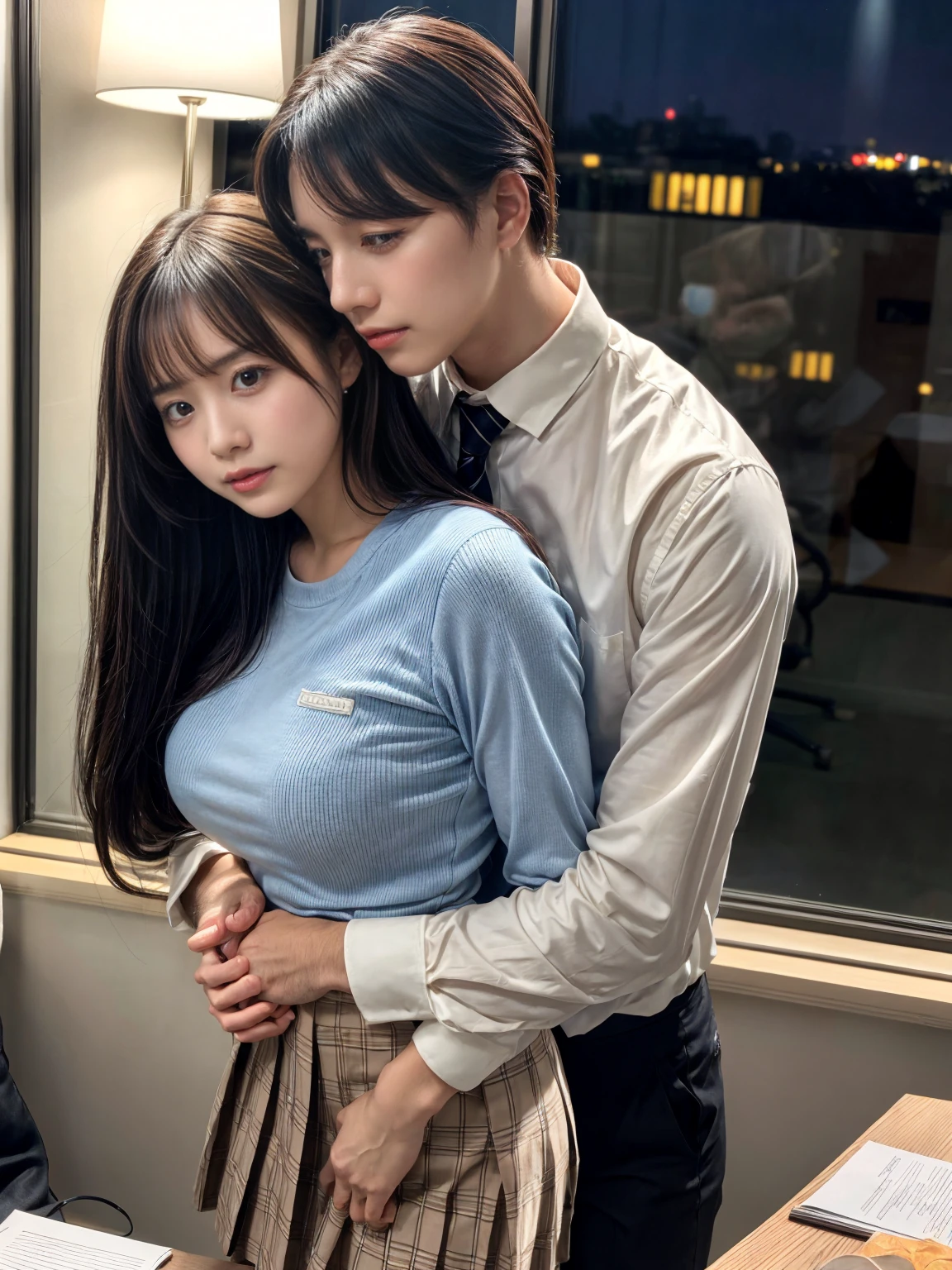 A handsome CEO with his beutiful girlfriend,who is on her highschool hot uniform romancing together with him in his luxury office at night.
While he carefully romantically falls down her hair., laege breasts, Hug from behind.