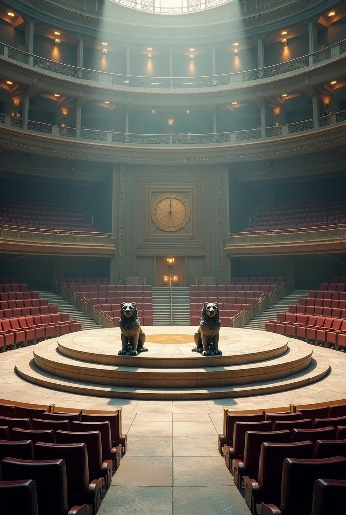 A very huge and wide circlular meeting hall, with many rows and Columns of chairs devided with 6 walk ways,white light in the building,ceiling with many spot lights, A wide Huge Circle stage at the middle, two statues of lions sitting on the stage,