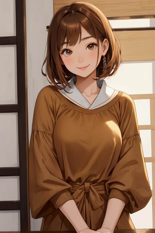 age Asian girl with short light brown hair. Wears light brown casual outfit. Shy smile. Streamer.