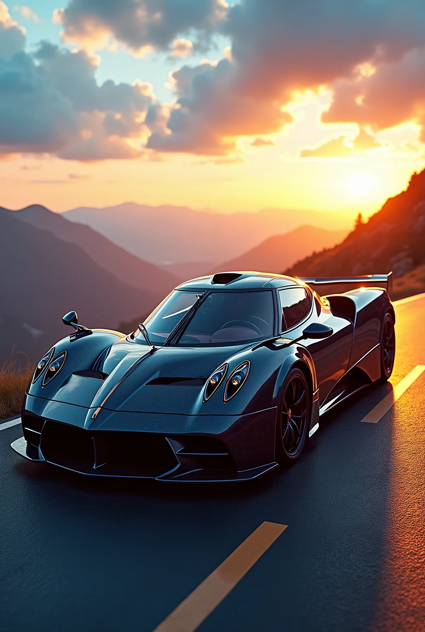 A captivating digital wallpaper showcases a sleek and elegant Pagani Huayra BC, named HVP, parked on a serpentine mountain road. The car's glossy paint job highlights its intricate and complex design, exuding power and luxury. The vibrant sky is filled with a breathtaking view of the azure heavens above and the golden sun setting behind the horizon. The cinematic atmosphere creates a stunning visual treat for automobile enthusiasts., cinematic, photo, vibrant