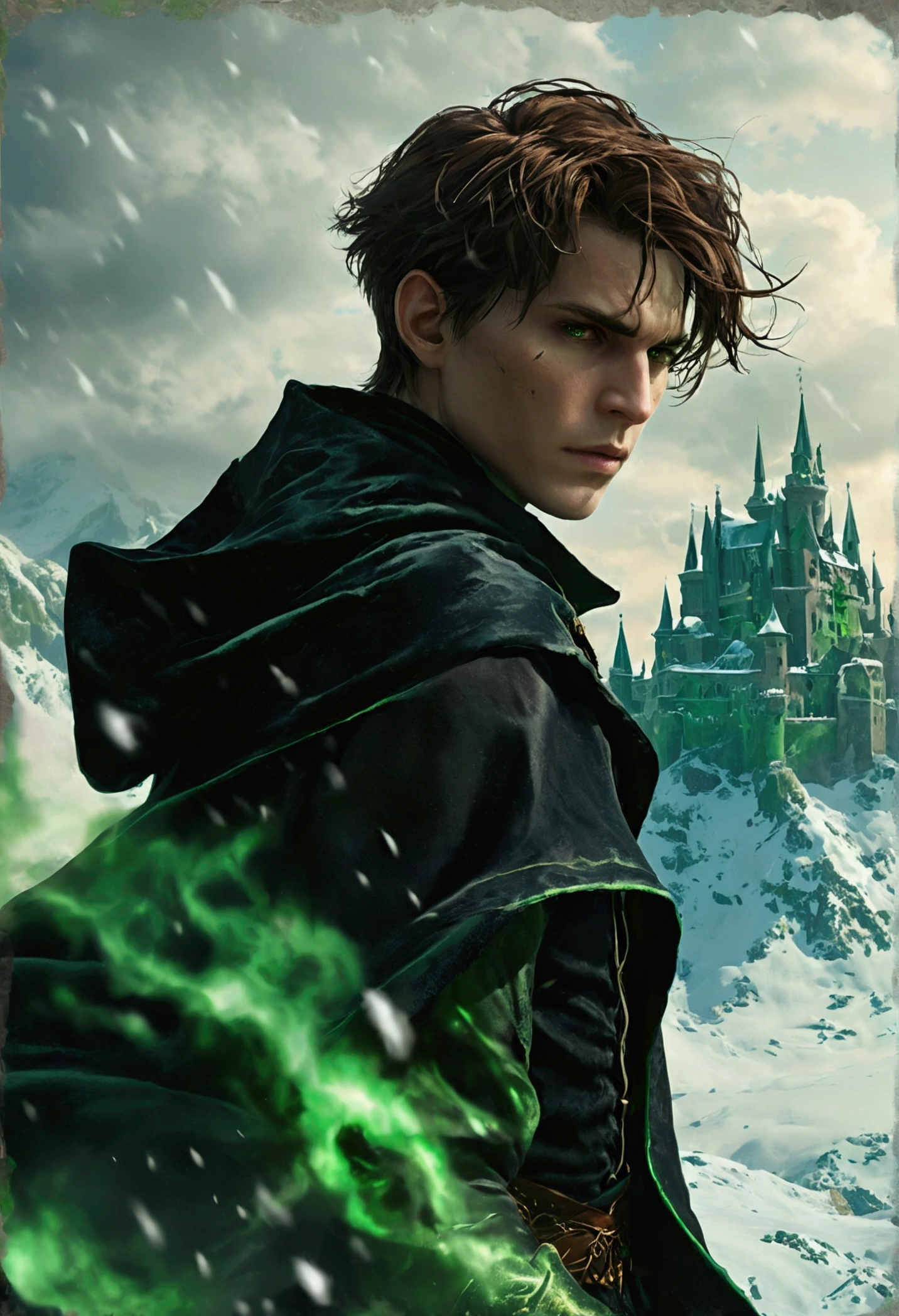 A 2 sorcerer, with short hair, Brown color. He wears a black cape and clothing with subtle hints of green.. It is located in front of a very large castle., old baroque style, It also has a very sinister aura., which rests on some green and somewhat snowy mountains. The weather is cold and very cloudy. Has a green aura around him. It also generates green fire.. She has a slender body.
