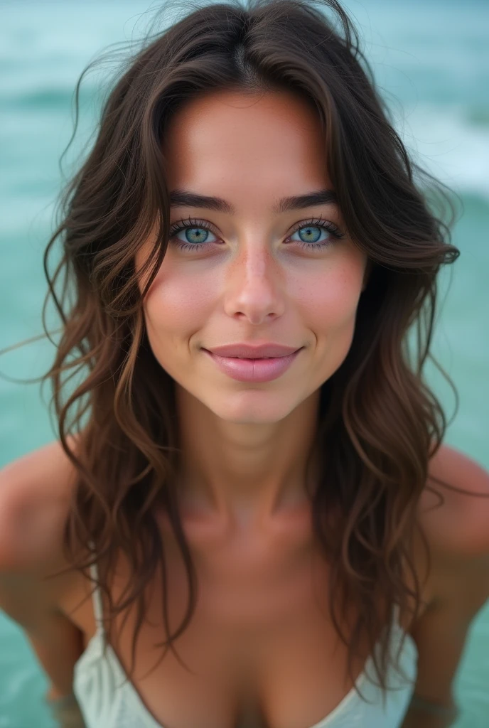 Closeup photo, Selfie Photo, arafed beautiful 22 y.o Beautiful brunette, with an innocent face, and naturally wavy hair, a girl stands in a white bikini swimsuit in the ocean up to his stomach in water, a character portrait by Tobias Stimmer, Shutterstock, photorealism, portrait of Ana de Armas, ana de armas portrait, 50mm portrait, photo of a beautiful woman, portrait of barbara palvin, attractive young woman, 60mm portrait, highly detailed, , visage innocent, naturally wavy hair, yeux bleus, high resolution, masterpiece, Meilleur Qulaity, intricate high detail, highly detailed, mise au point nette, detailed skin, realistic skin texture, texture, detailed eyes, professional, 4K, prise avec Canon, 85 mm, Light depth of field, Kodak Vision Couleur, perfect fit body, extremely detailed, photographier_\(ultra\), photographierréaliste, Realstic, Post-treatment, maximum details, roughness, real life, ultrarealistic, photorealism, photography, 8K UHD, photography