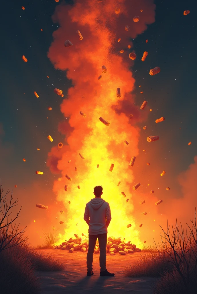 An illustration of a powerful and bright fire rising, growing stronger and stronger as materials such as dry branches and stones are thrown at it. A man is standing in front of the fire, observing him with a calm and contemplative posture. He's in profile, with hands in pockets or crossed, suggesting a quiet reflection on the fire in front of you. The backdrop could be a minimalist landscape with a starry night sky., highlighting fire as the main source of light. The image should convey the idea of resilience, showing that fire is not suffocated by obstacles, but it gets stronger. The atmosphere evokes strength, overcoming and calm, with warm colors of fire contrasting with the soft, cool tones of the environment.