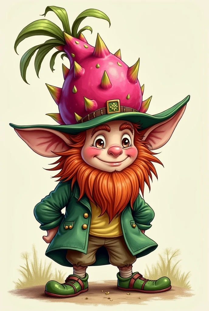 A leprechaun with a pitaya hat, more manual illustration style
