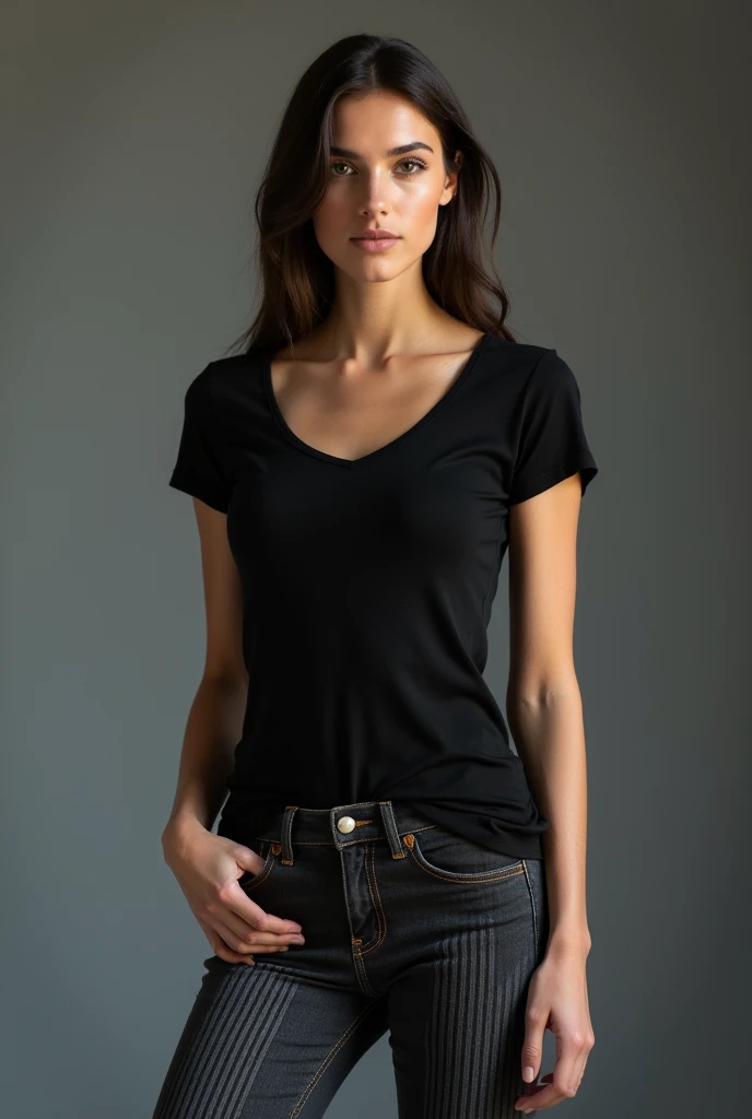beautiful woman, standing straight facing forward,with black t-shirt, Jeans, on a greyish background, cotton t-shirt texture, fitted t-shirt, round neck, striped tights. Medium camera shot