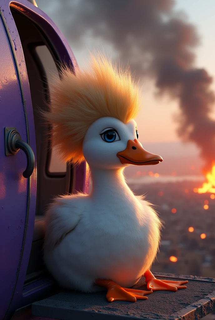 Duck Mafia with Donald Trump&#39;s Hairstyle, Soft fur, Sitting next to the door of a purple helicopter flying., Battlefield scenes, The whole place is on fire.