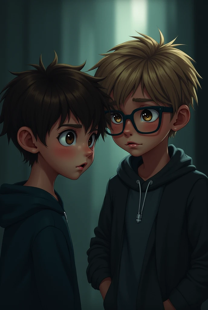 A brown-haired boy with hazel eyes and a small boy with brown hair and blonde highlights, light brown eyes and glasses in a dark possessive and jealous environment