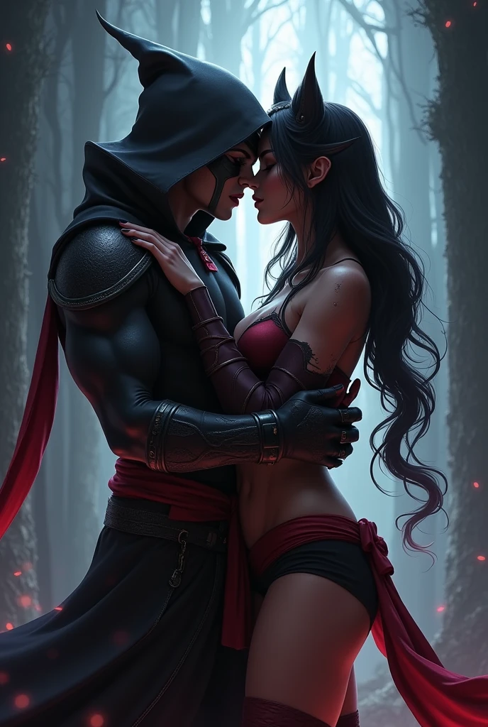 Imagine an image where Kayn the shadow assassin is kissing Akali the rouge Assassin who are from League of Legends