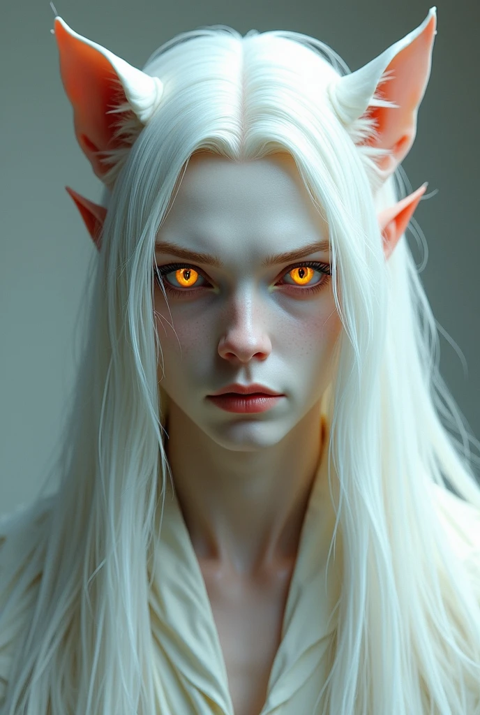 Man with long white hair down to his shoulders Pale white skin Yellow eyes with red rims and vertical pupils Pointed ears with some white hairs on display He wears white clothes similar to men&#39;s Indian tunics Super realistic, ultra realisitic
