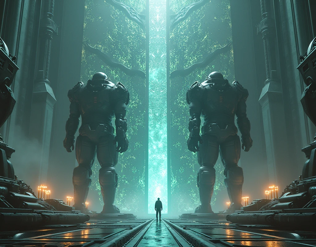 A massive, extraterrestrial structure constructed from an unknown, iridescent material. The temple's facade is adorned with complex geometric patterns and holographic projections that shimmer and dance across its surface. Two towering, giant biomechanical sentinels stand guard at the entrance, their eyes scanning the surrounding area with laser precision. The temple is surrounded by a network of advanced technology, including energy conduits and landing pads for spacecraft. shallow depth of field, natural soft lighting, intricate details, 16k, masterpiece, realistic, dramatic lighting film grain, 85mm, Sony a7 4 focus, 85mm 1.2 Gmaster, smooth, sharp focus, golden ratio, dramatic illumination, ultra-realistic, wonderful masterpiece highly detailed, beautiful cinematic light deep focus