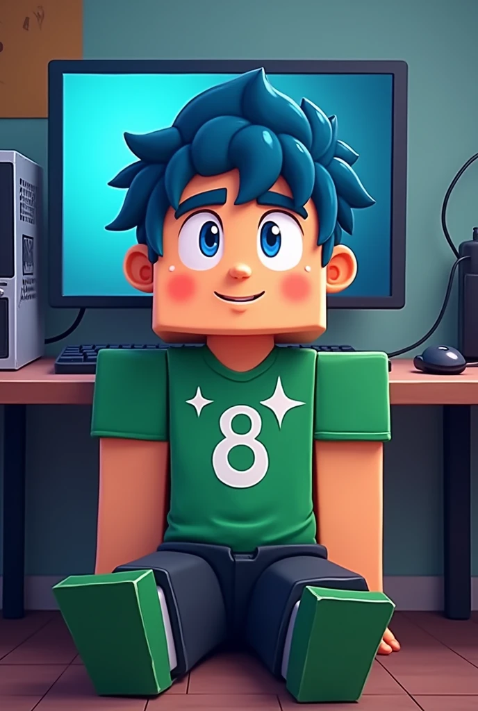 Make a cartoon image of a minecraft character, Caucasian skin, hair blue, green shirt with a white eight in the middle and two white stars above the eight, black pants, green shoe, make him sit in front of a gaming pc
