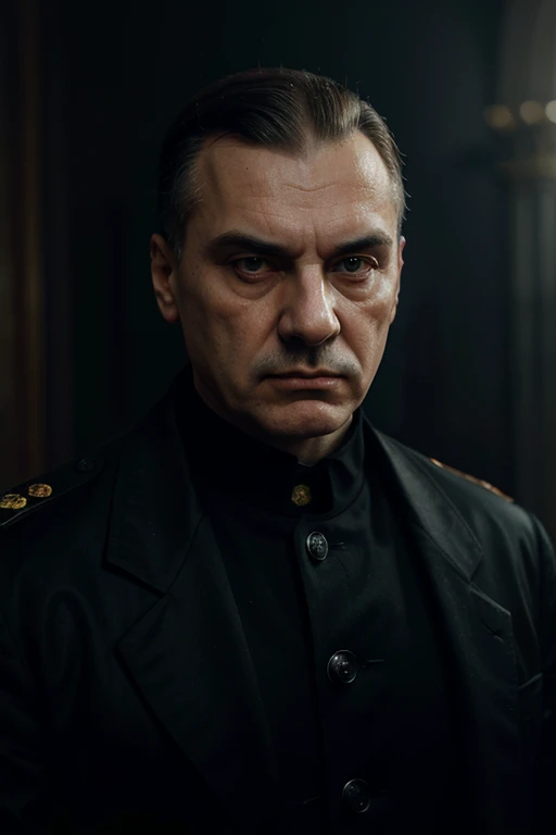 a powerful and intimidating portrait of Lavrenty Pavlovich Beria, the Minister of Internal Affairs of the USSR after Stalin's death, stern expression, intense gaze, dark suit, high-ranking official, detailed facial features, chiaroscuro lighting, dramatic shadows, authoritative presence, historical figure, digital painting, cinematic composition, realistic rendering, masterful brushwork, muted color palette, moody atmosphere