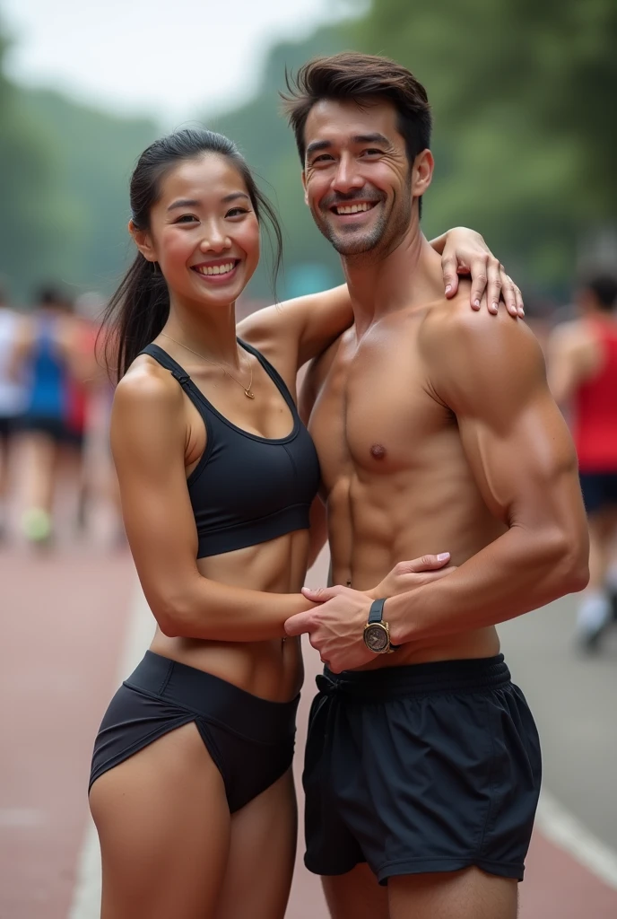 40 year old beautiful athletic asian woman with muscular body wearing sports bra and shorts at running race posing for photo with her shirtless caucasian male friend. Arms around each other. Her hand on his chest. Smiling