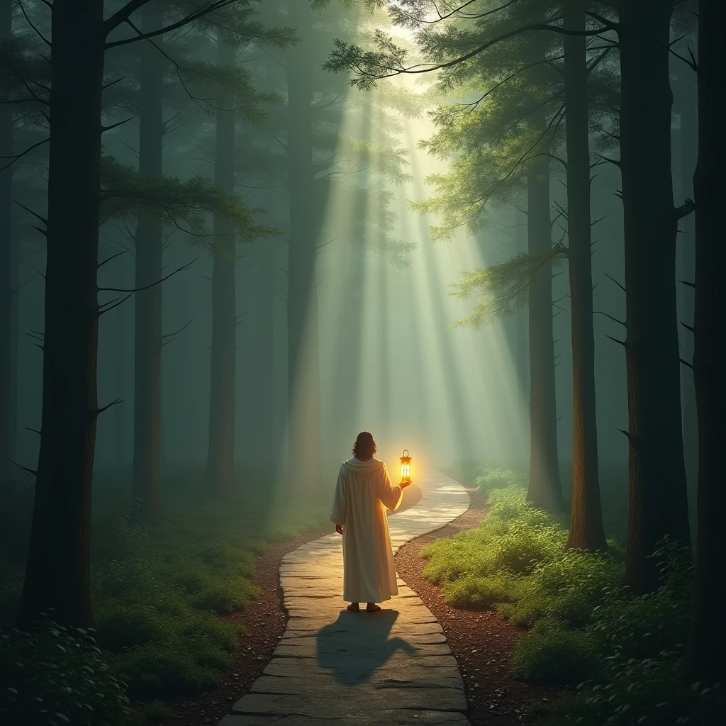 Depict a person standing at a crossroads in a forest, with paths leading in different directions. Jesus is holding a lantern, illuminating the path that aligns with God’s purpose, signifying guidance and trust in His plan.