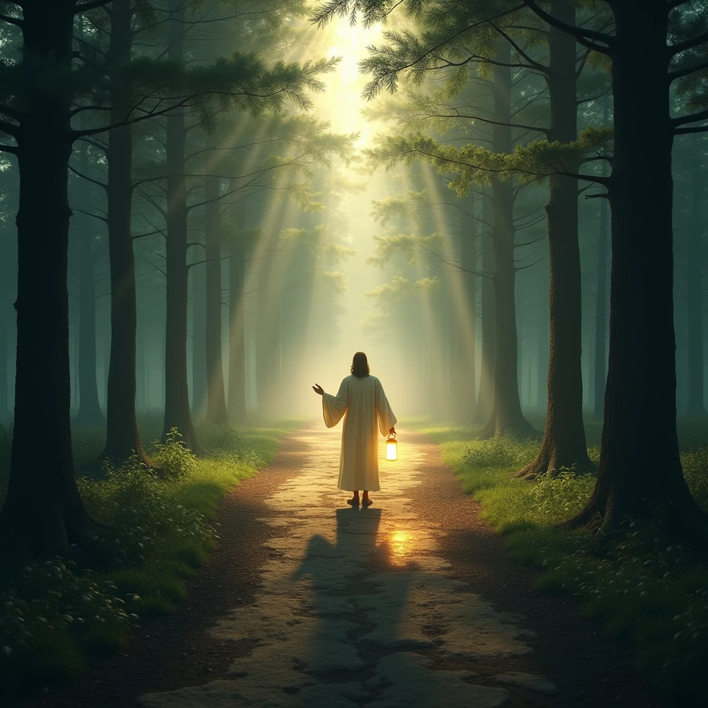 Depict a person standing at a crossroads in a forest, with paths leading in different directions. Jesus is holding a lantern, illuminating the path that aligns with God’s purpose, signifying guidance and trust in His plan.