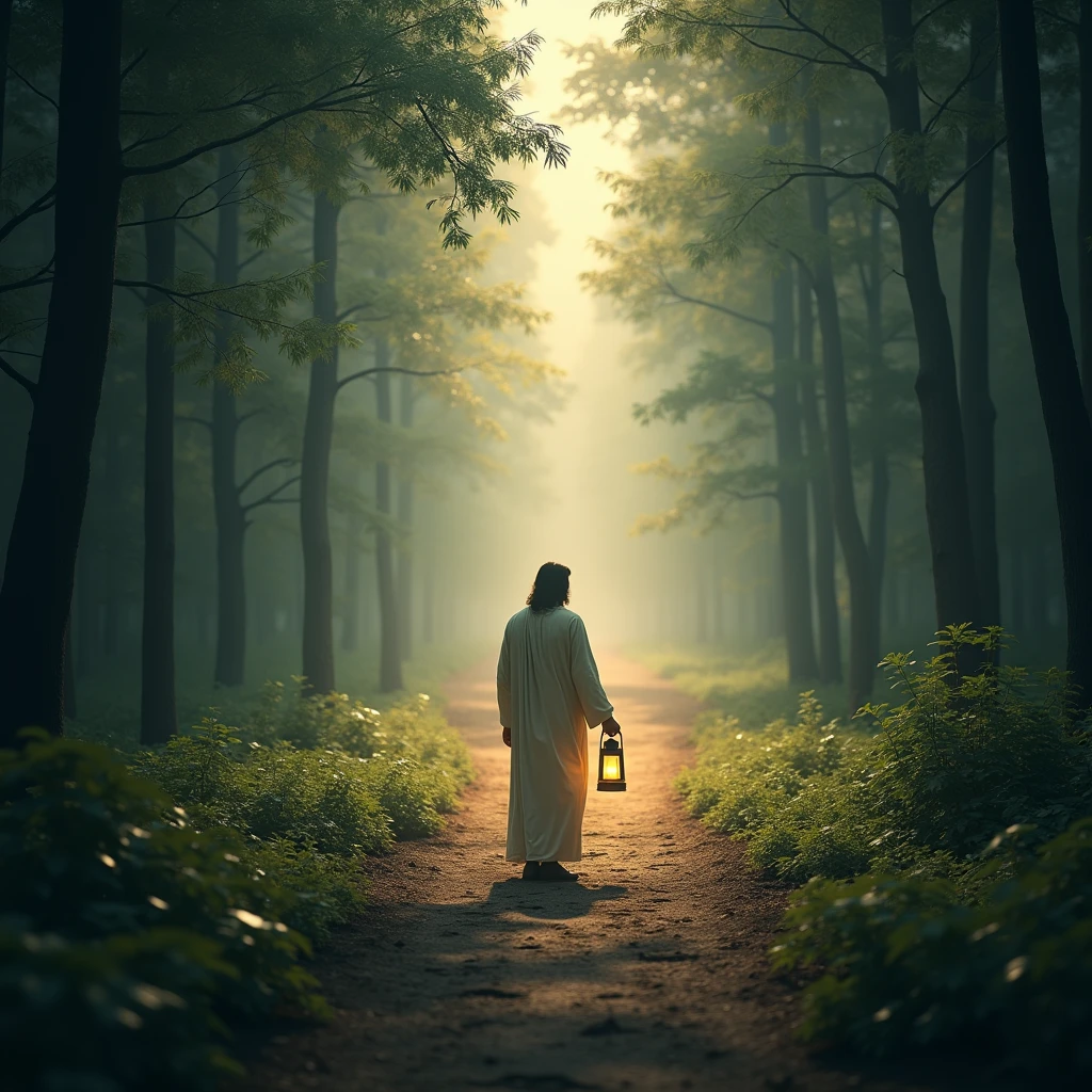 Depict a person standing at a crossroads in a forest, with paths leading in different directions. Jesus is holding a lantern, illuminating the path that aligns with God’s purpose, signifying guidance and trust in His plan.