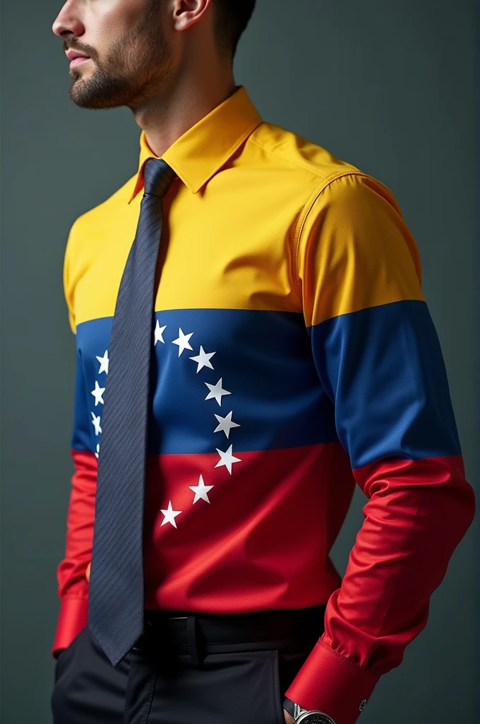 He designed the front of a long-sleeved dress shirt that has the Venezuelan flag drawn on one full sleeve of the shirt with its 7 legible and extended white stars.