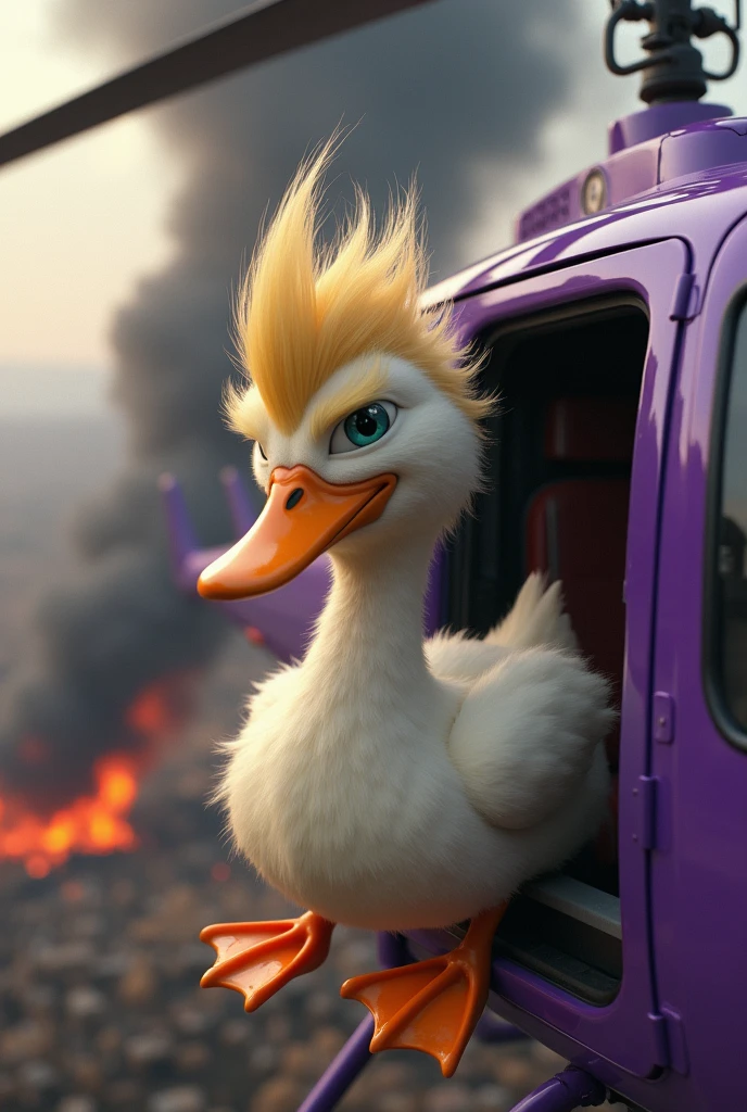 Duck Mafia with Donald Trump's Hairstyle, Soft fur, Sitting next to the door of a purple helicopter flying., Battlefield scenes, The whole place is on fire.