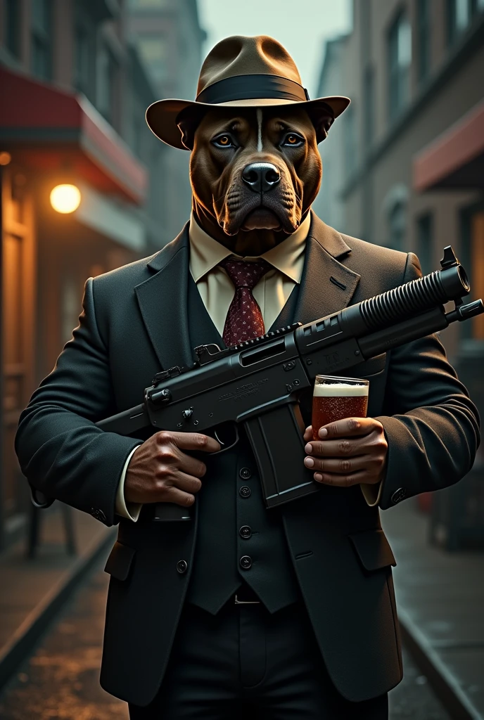 pitbull wearing gangster outfit with gangster hat with a machine gun and a glass of beer in his hand