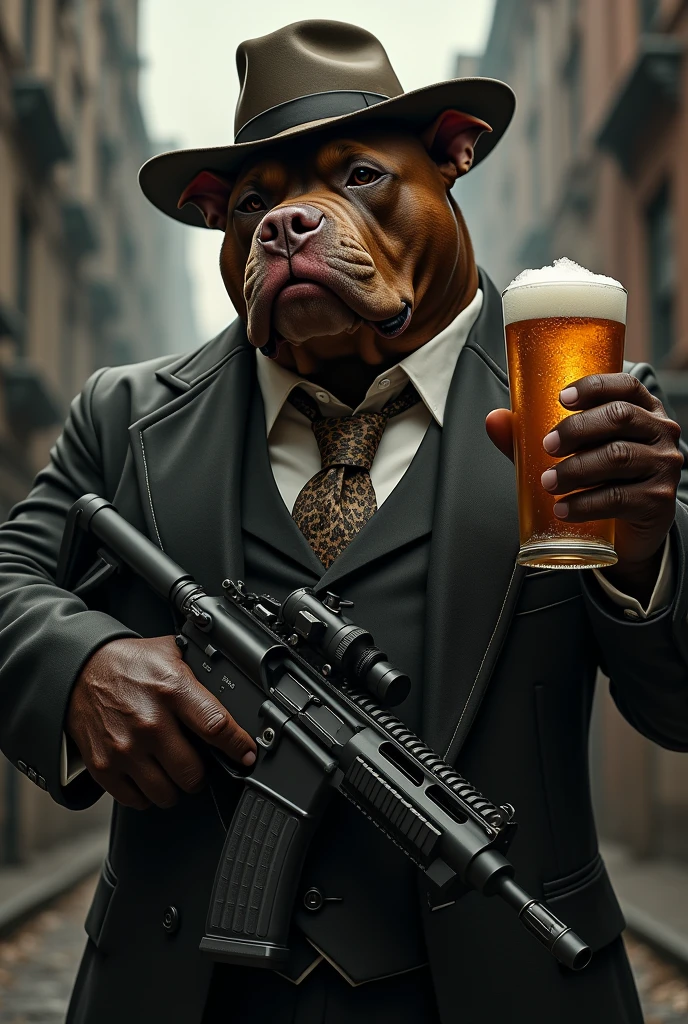 pitbull wearing gangster outfit with gangster hat with a machine gun and a glass of beer in his hand