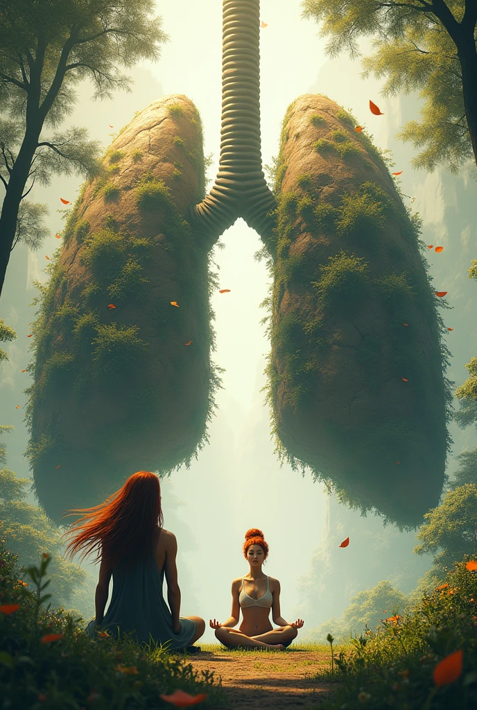 Realistic image of a man with long flowing hair in front of a red-haired woman seated doing breathing techniques. Behind them is an image of a beautiful giant lung in the middle of nature., this lung is as if it belongs to the trees, it contains leaves and flowers.  It&#39;s very windy and leaves are flying.