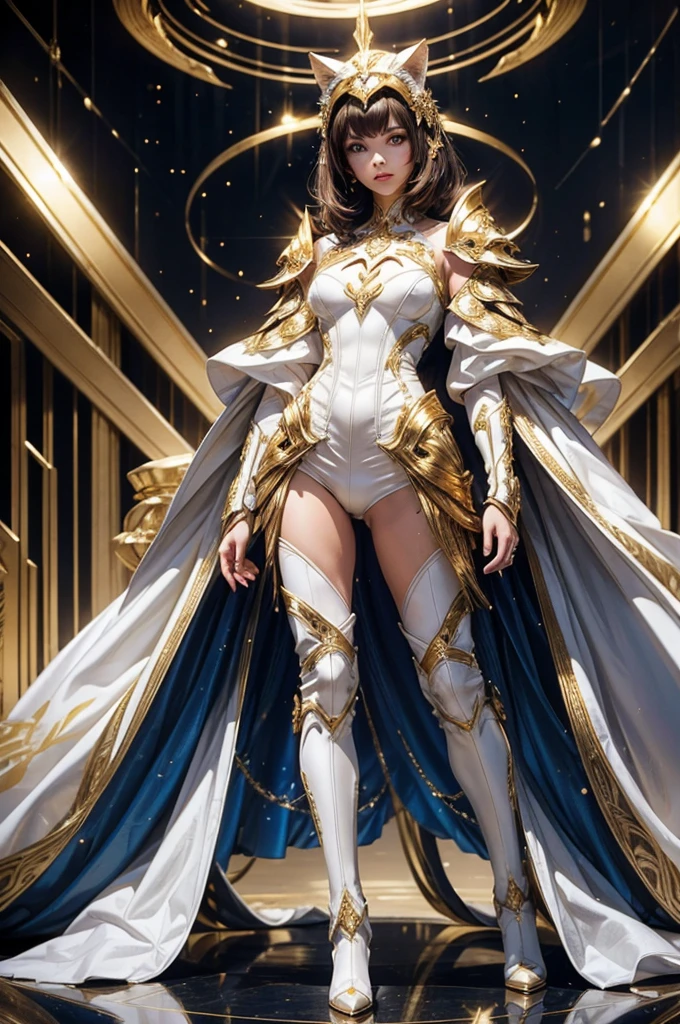 a woman in a white and gold costume standing in a studio, white and gold armor, intricate, futuristic and elegant, shiny, wears on her face a golden cat mask, and long gold boots, short brown hair,