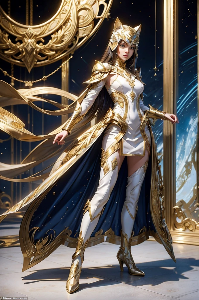 a woman in a white and gold costume standing in a studio, white and gold armor, intricate, futuristic and elegant, shiny, wears on her face a golden cat mask, and long gold boots, short brown hair,