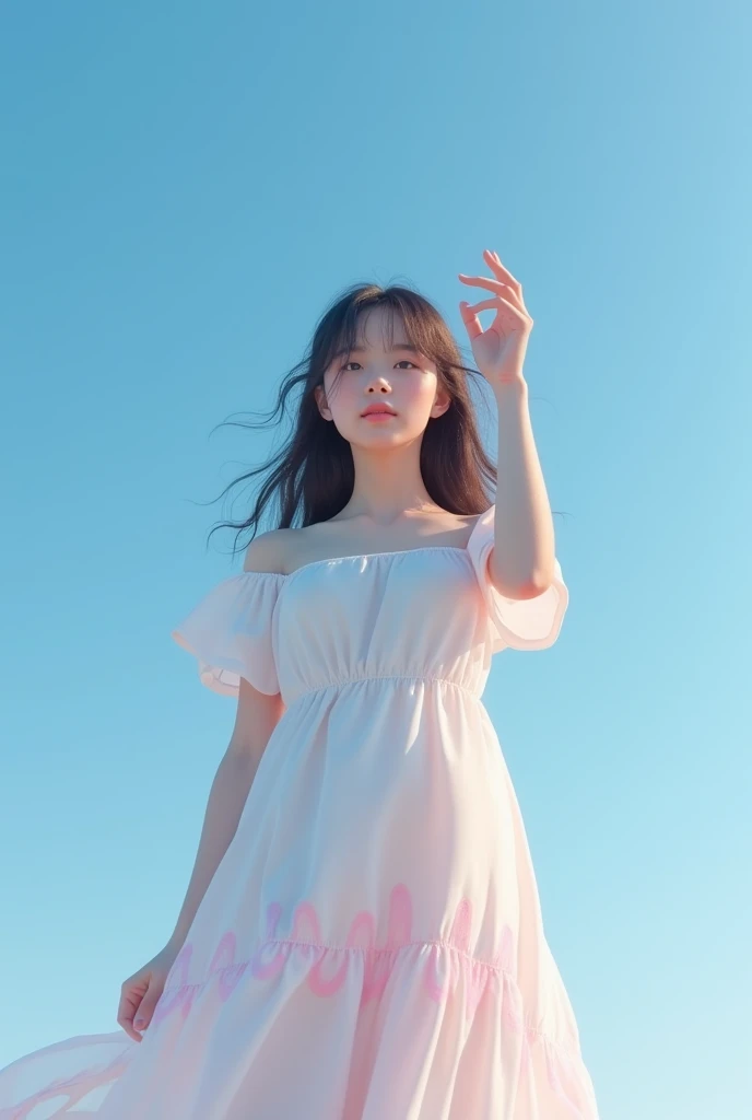 Beautiful girl taking selfie with amazing blue sky behind her, innocent girl features, soft white skin, white dress with wavy pink patterns
