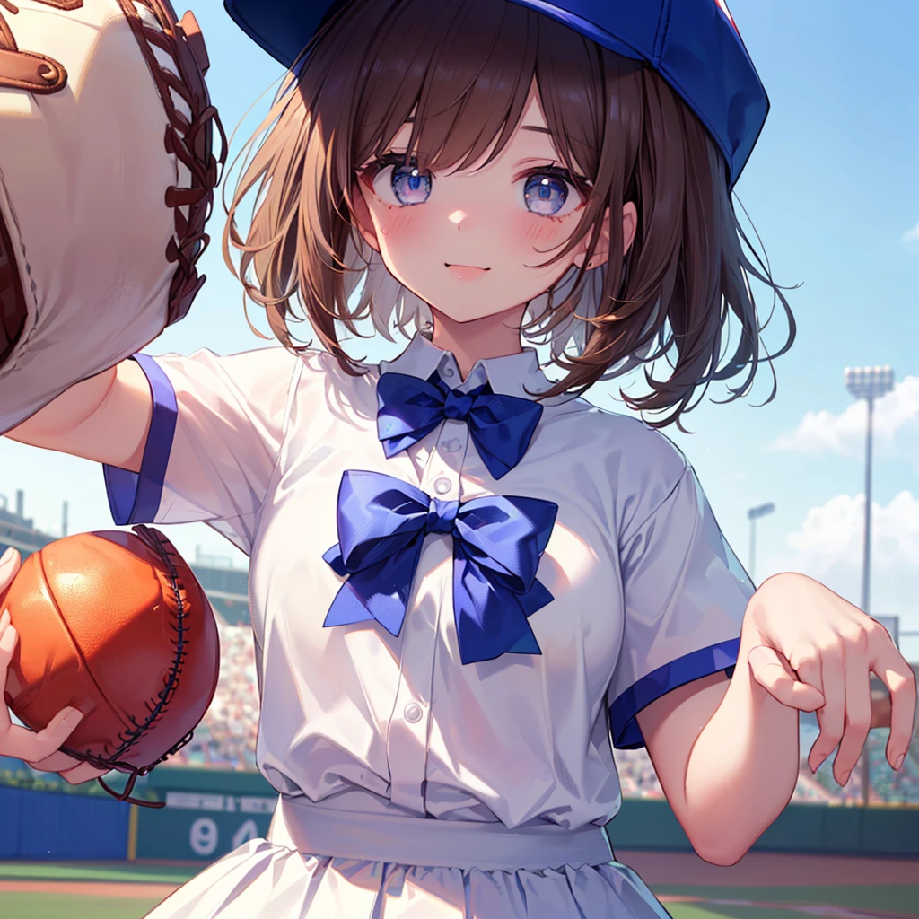 ((Best Quality、8k、masterpiece))、((One person、((cute))、A big smile、Blushing、Mouth open、Brown Hair、Short Bob Hair、Baseball cap、Ultra detailed face、Ultra-detailed eyes、Ultra detailed hair、Short sleeve collared shirt、Purple bow tie、White Skirt、baseball Ground、Beautiful blue sky