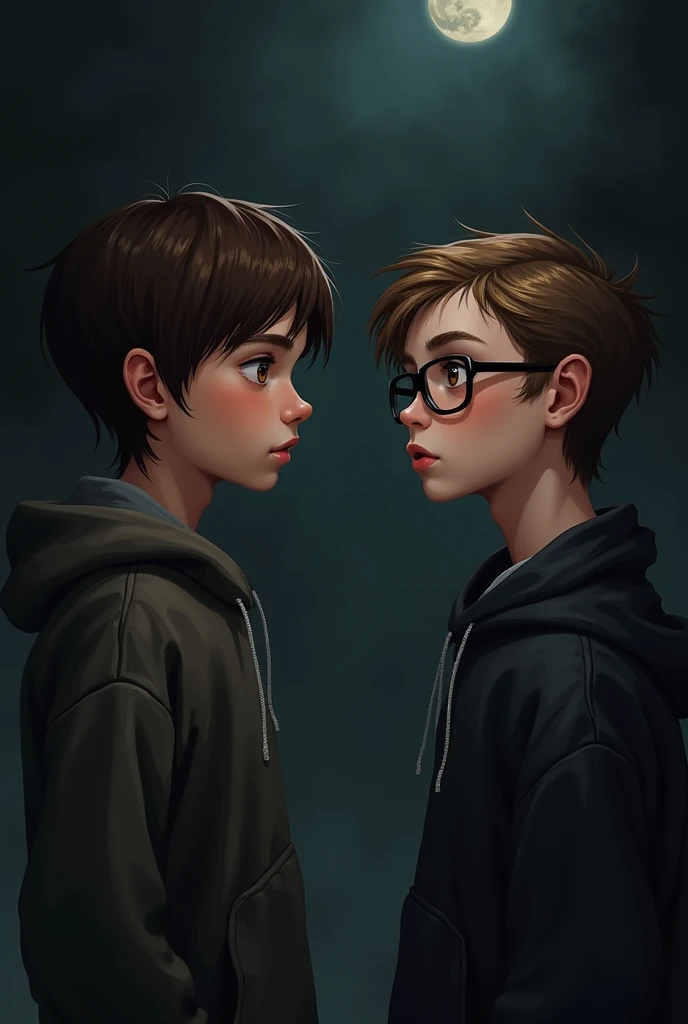 A brown-haired boy with hazel eyes and a small boy with brown hair and blonde highlights, light brown eyes and glasses in a dark possessive and jealous environment