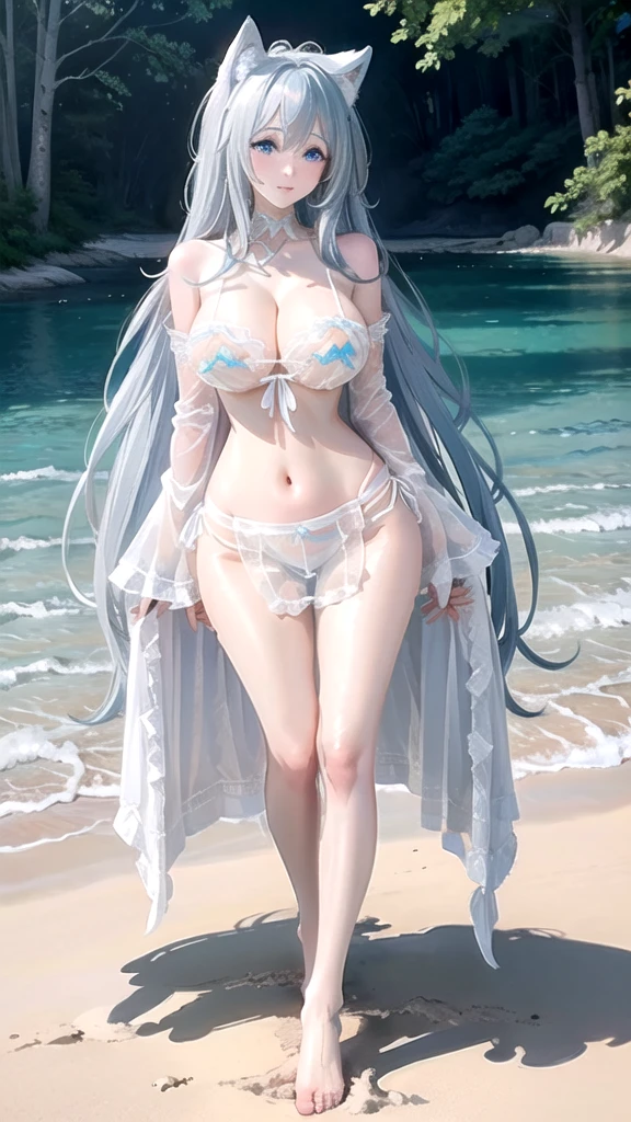 Masterpiece, Ultra HD, 8K Quality, anime,1woman, beautiful white fox woman, (((shining white hair))), (((shining charming blue eyes, highlight on eyes))), ((Very long eyelashes)), (((Very large breasts))), fox ears, white frilly bikini, white fox tail, multiple tails, cleavage, (((beautiful standing pose))), looking at viewer, navel, cute smiling, detachable sleeves, huge, water, thighs, ear hair, bare shoulders, front tie top, beach, arm support, narrow, front tie bikini top, see through, barefoot, white choker, clavicle, neck ribbon, halter neck, underbust, water's edge
