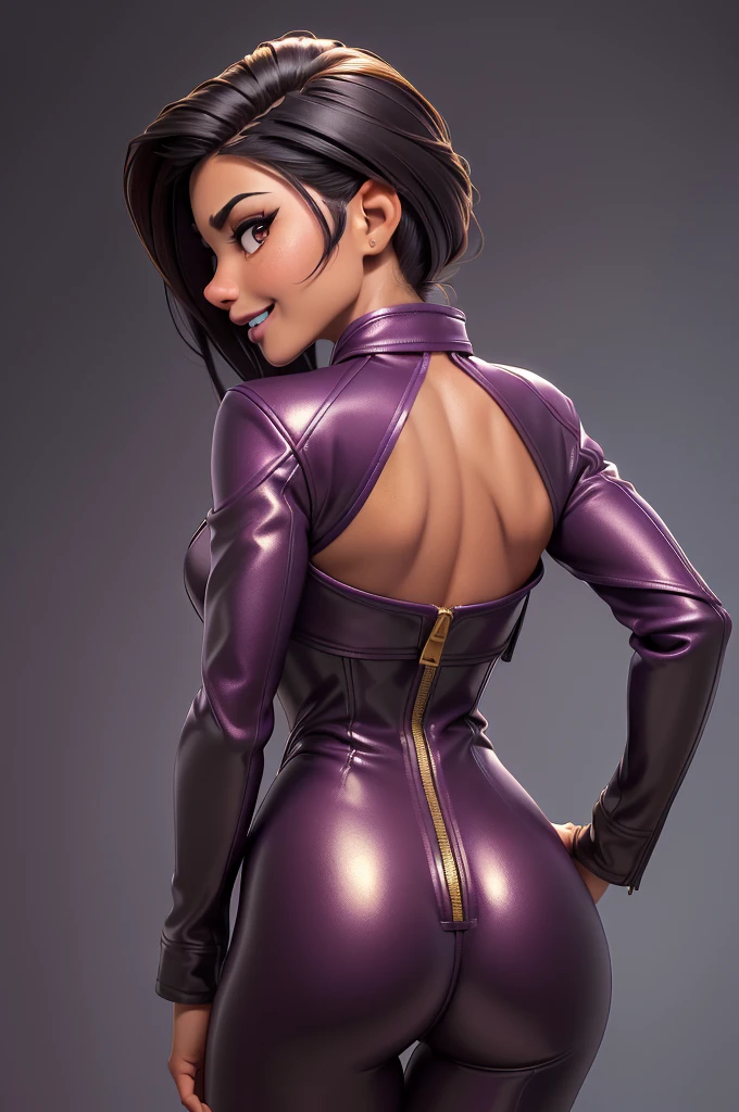 obra prima, melhor qualidade, ((only one woman,)) ((ming na wen, dark tan skin, short black straight hair, heavy makeup eye shadow, open mouth smile with teeth,)) (((wearing thigh length dark plum metallic leather jacket,))) (((jacket is zipped up, jacket covers waist and ass,))) ((jacket has stiff high collar,)) ((gold pvc gloves,)) body is very skinny, standing up, (((arched back, shoulders leaning way back, hips twisting, head tilted way back, chin up,))) ((camera back view, extreme closeup view of upper body,)) shallow depth of field, highres, HD, 8k, anatomically correct