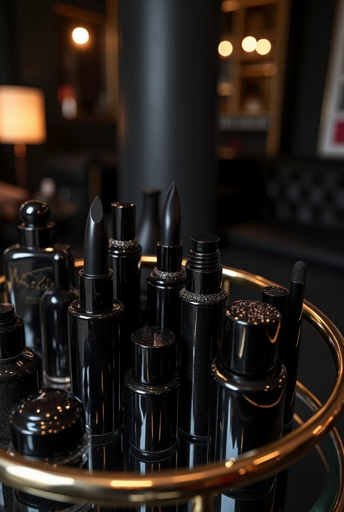 bar cart stocked with black makeup products