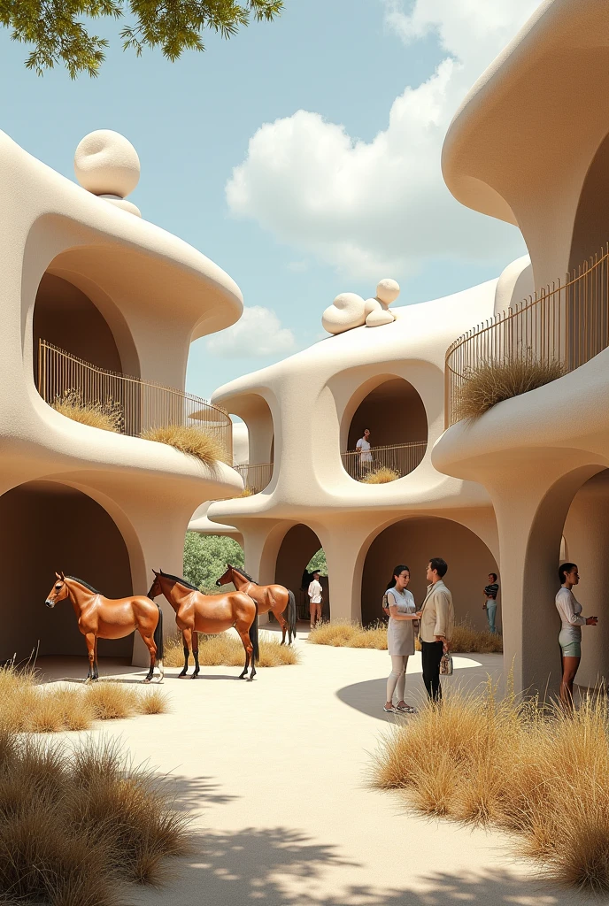 Create an image of equine therapy stables that looks complete with the characteristics of the works of architect Carme Pinós on the outside and create the place with abstract figures with uncommon figures, without simple squares
